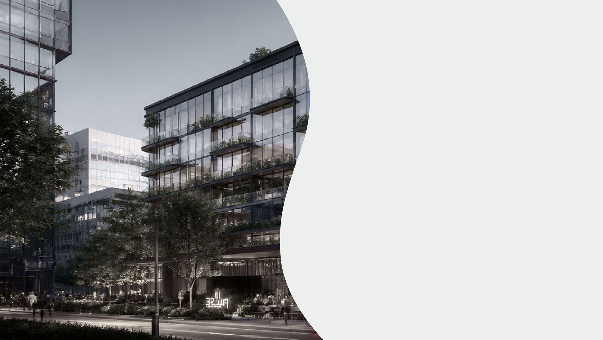 Moderner Büro- und Hotelneubau mit begrünten Balkonen an einer Allee
